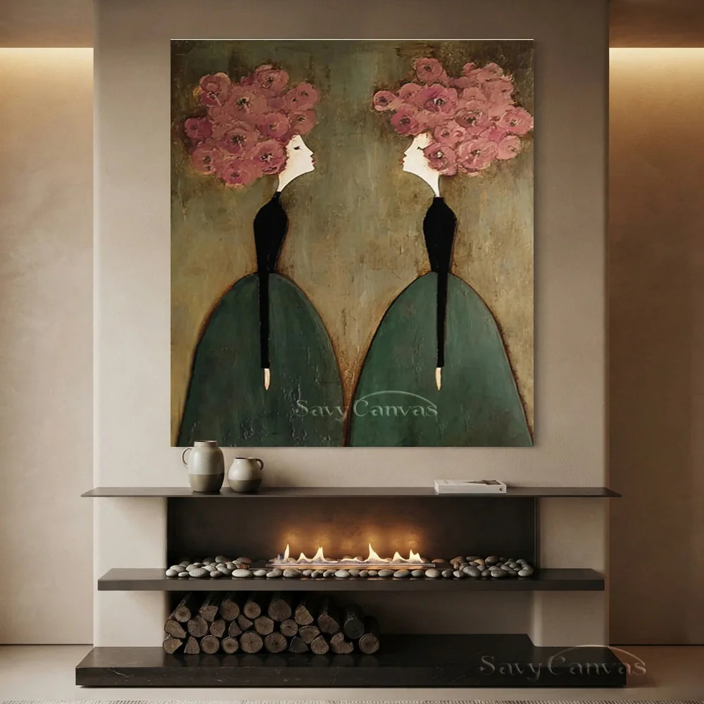 Pink Floral and Olive Abstract Figures Art #SS 299