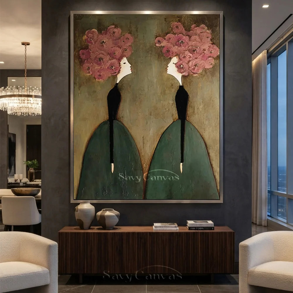 Pink Floral and Olive Abstract Figures Art #SS 299
