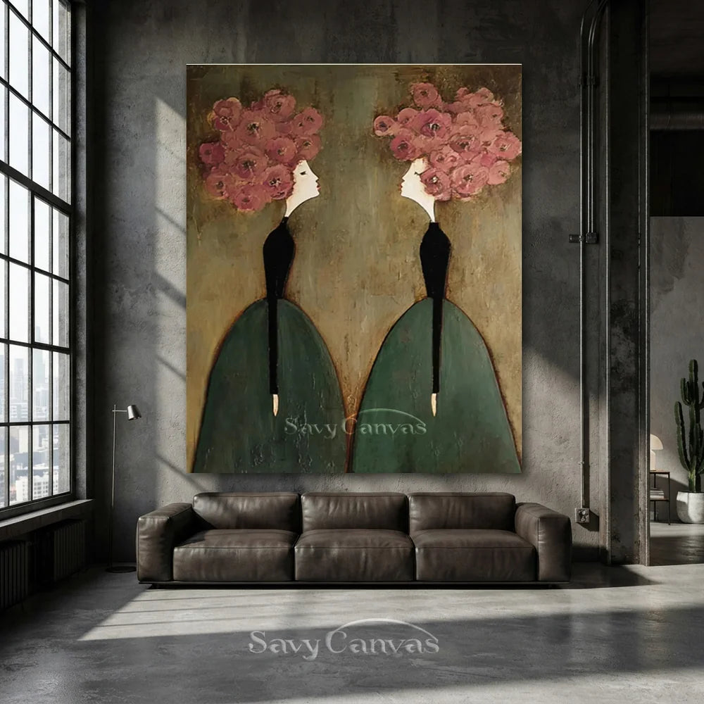 Pink Floral and Olive Abstract Figures Art #SS 299
