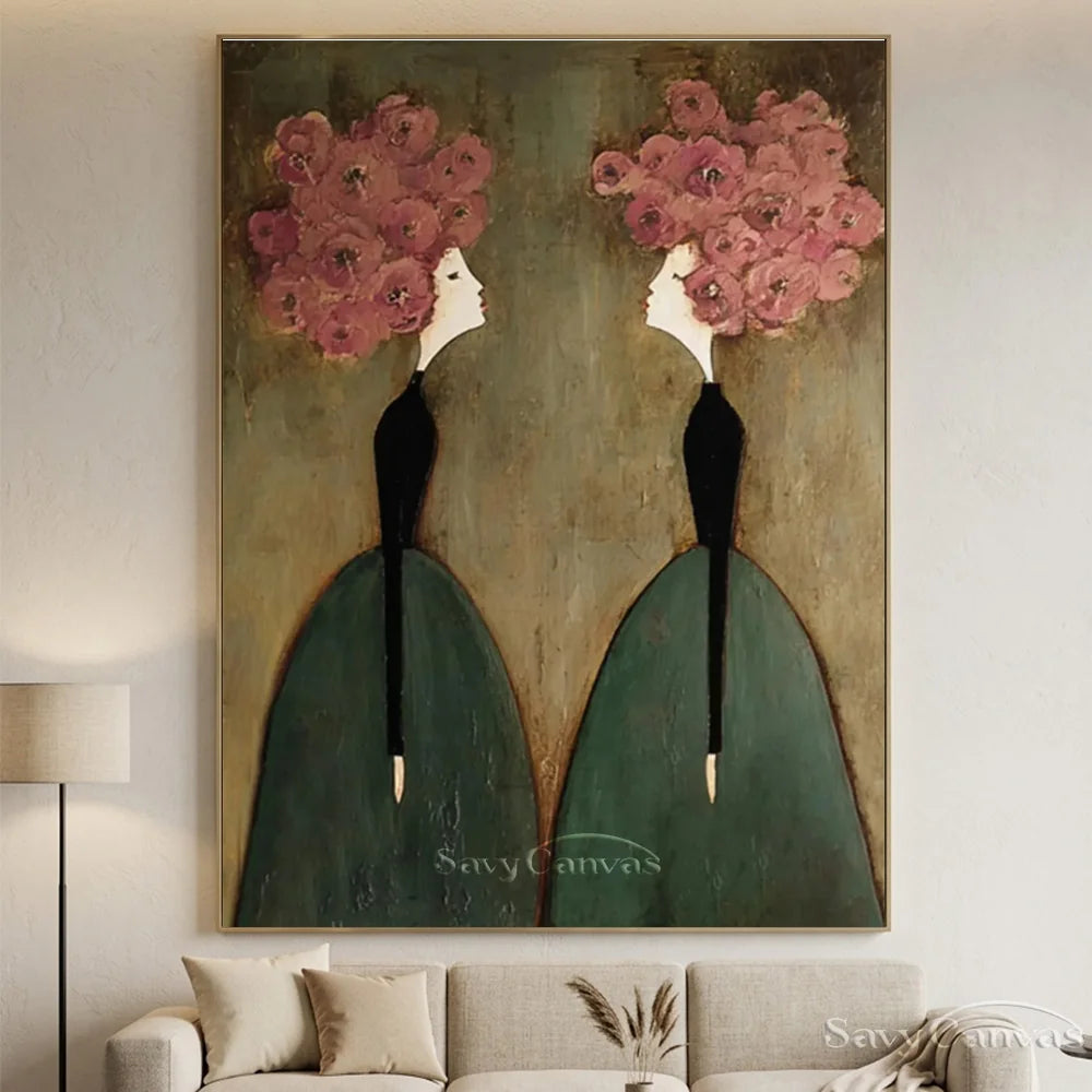 Pink Floral and Olive Abstract Figures Art #SS 299
