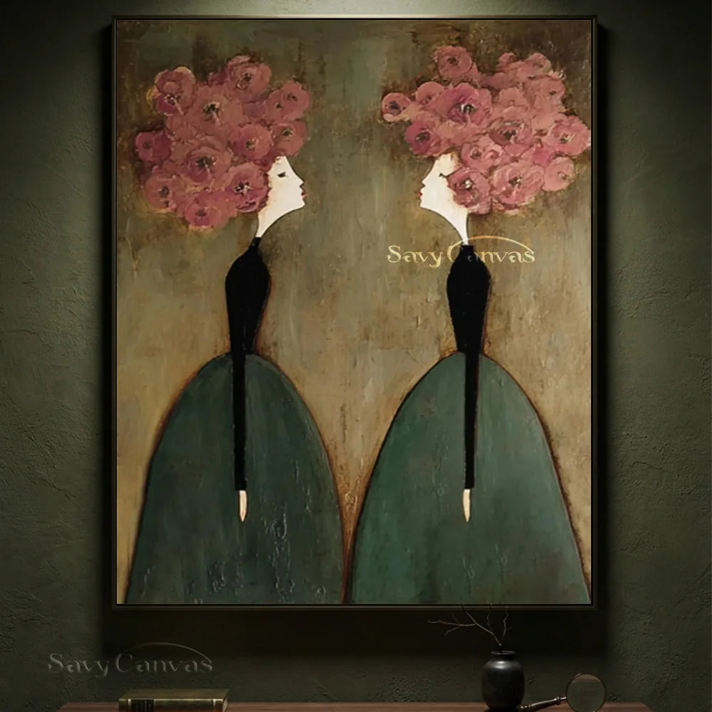 Pink Floral and Olive Abstract Figures Art #SS 299