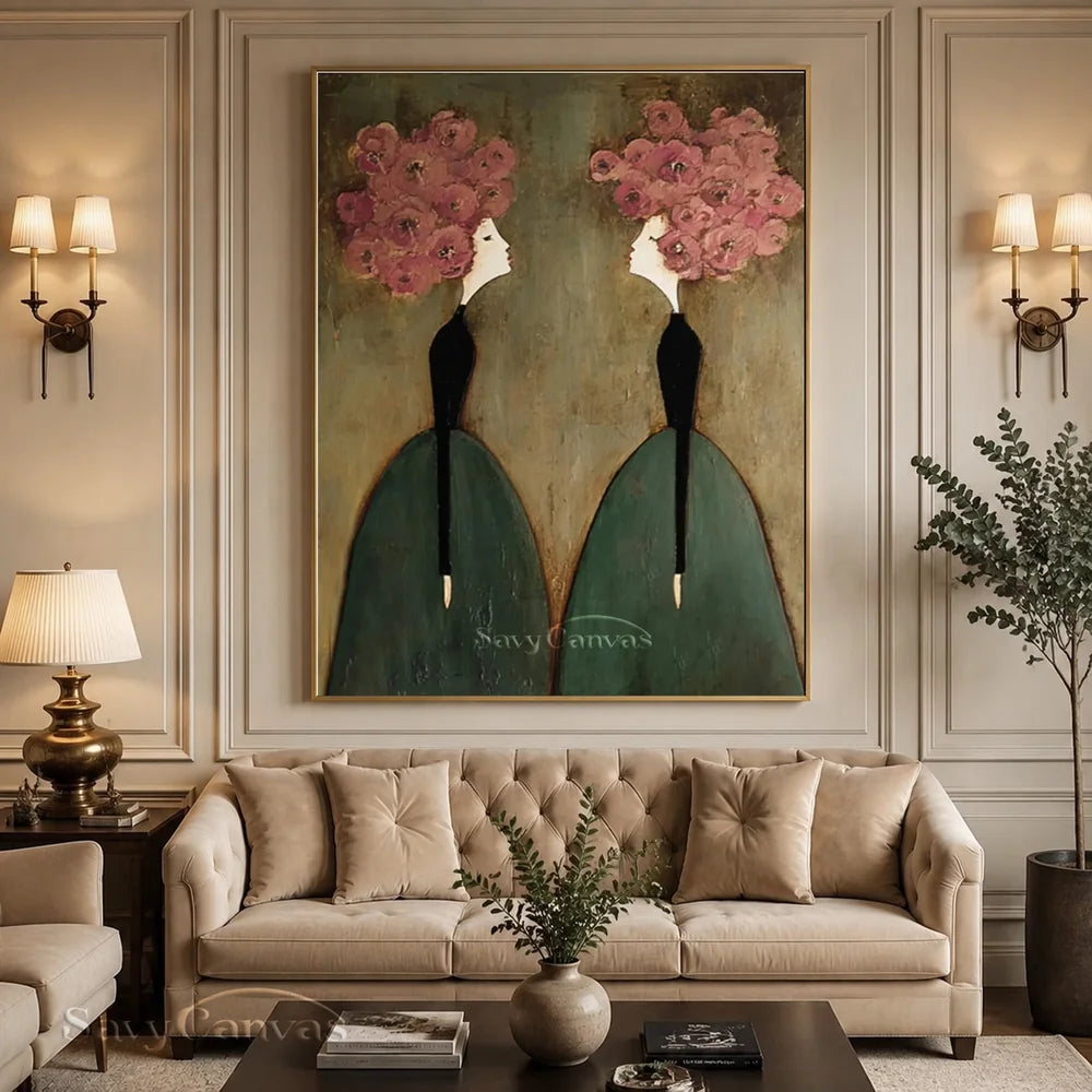 Pink Floral and Olive Abstract Figures Art #SS 299