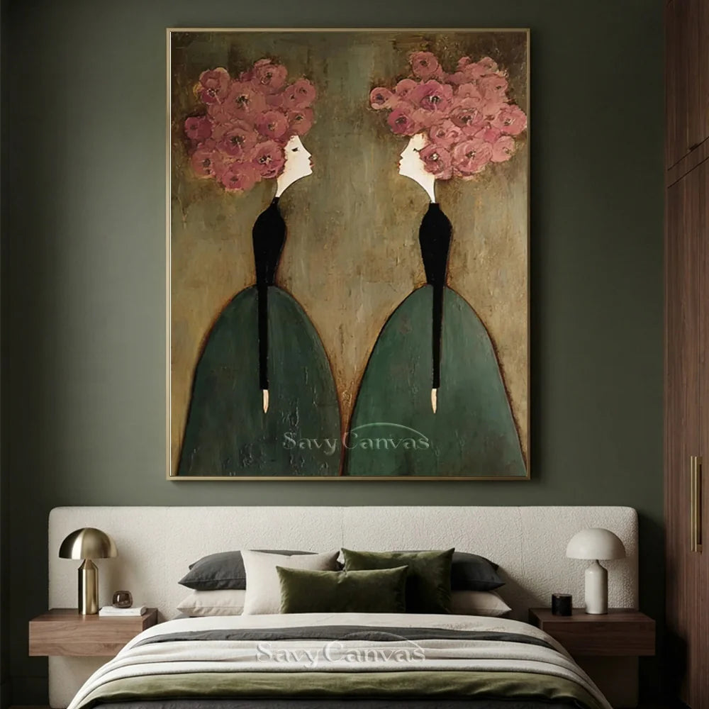Pink Floral and Olive Abstract Figures Art #SS 299