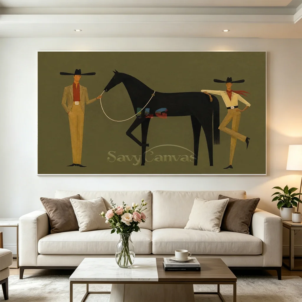 Handcrafted expressionist panoramic oil painting in a black frame featuring stylized cowboys and a black horse in olive and earth tones, ideal for modern living room or office wall decor.