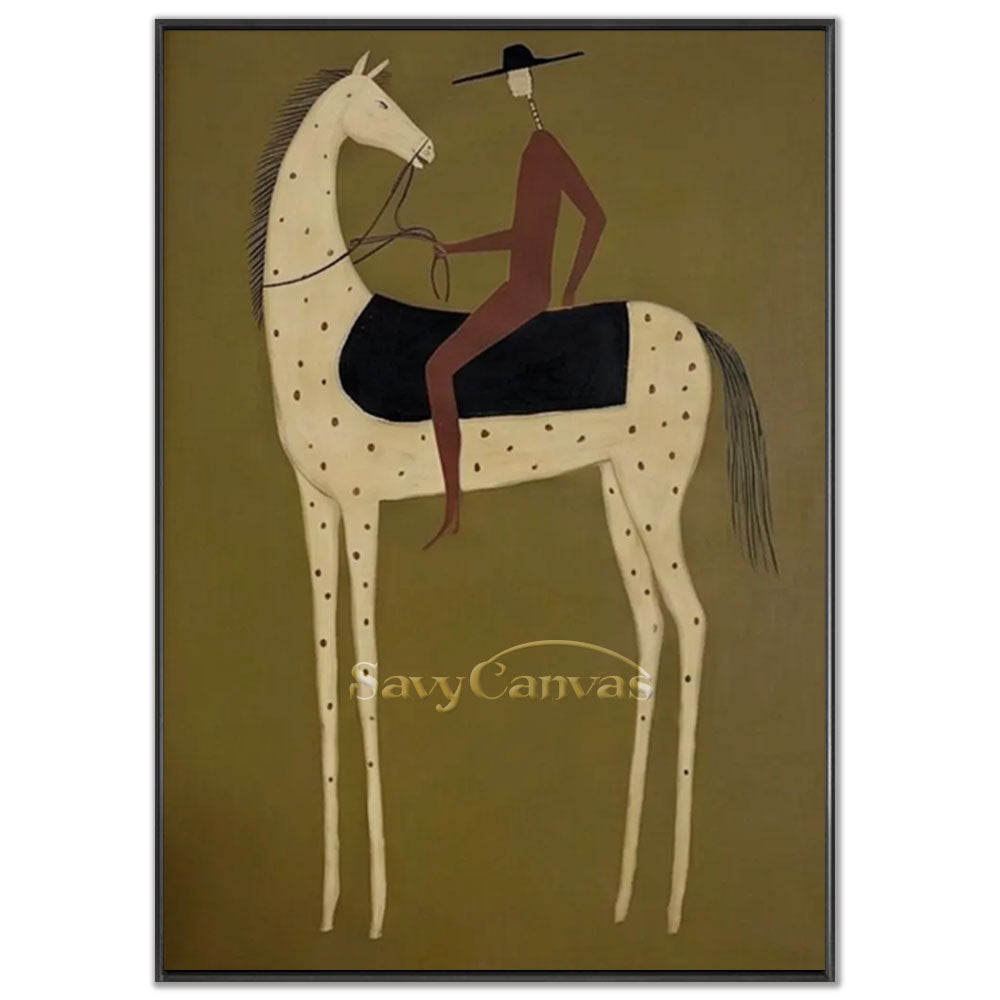 A 100% handmade modernist abstract oil painting with a heavy textured olive green background, depicting a minimalist portrait of a brown rider figure in a black wide-brimmed hat sitting on an elongated cream-colored spotted horse with a black saddle.
