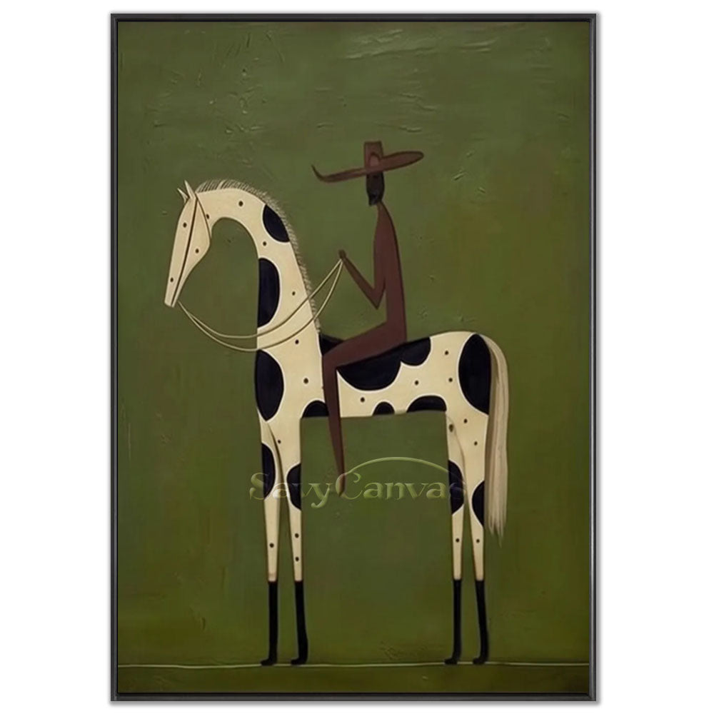A 100% handmade modernist abstract oil painting with a heavy textured sage green background, depicting a minimalist portrait of a brown rider silhouette in a wide-brimmed hat sitting on an elongated cream-colored horse with bold black spots.
