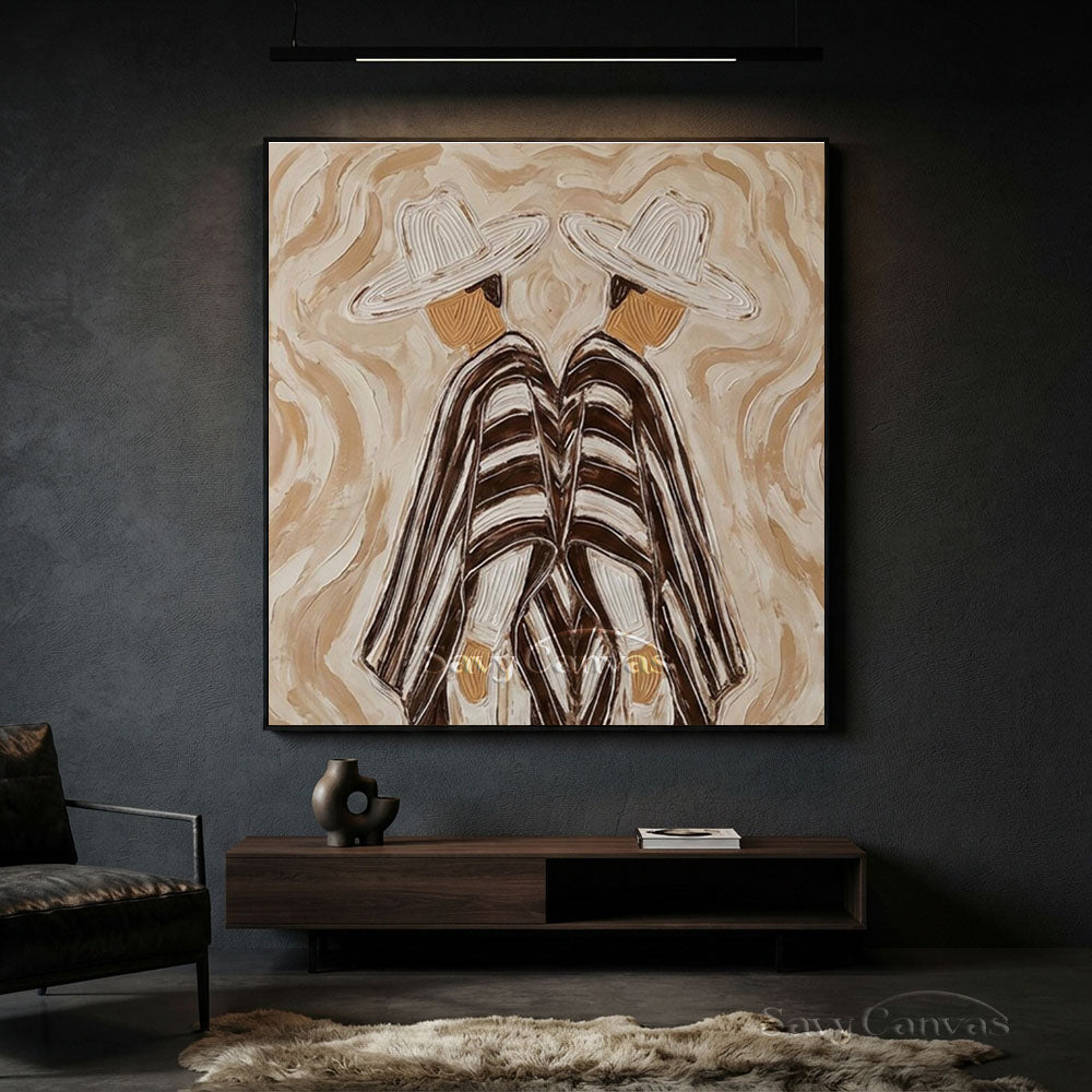 Abstract Two Cowboys Brown Oil Painting #ZC 006