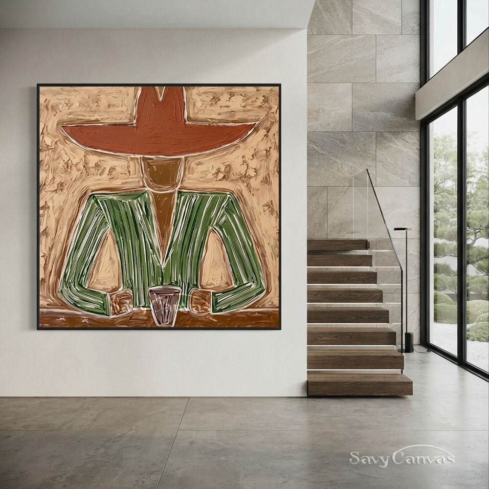 Handmade Modern Abstract Cowboy Portrait Brown Oil Painting #ZC 007