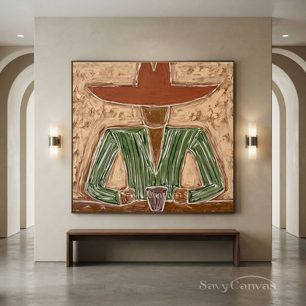 Handmade Modern Abstract Cowboy Portrait Brown Oil Painting #ZC 007