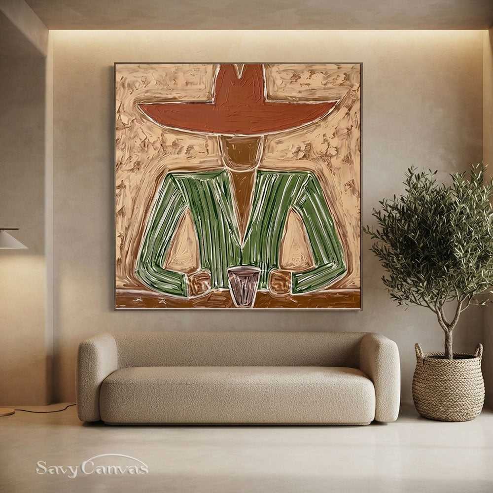 Handmade Modern Abstract Cowboy Portrait Brown Oil Painting #ZC 007