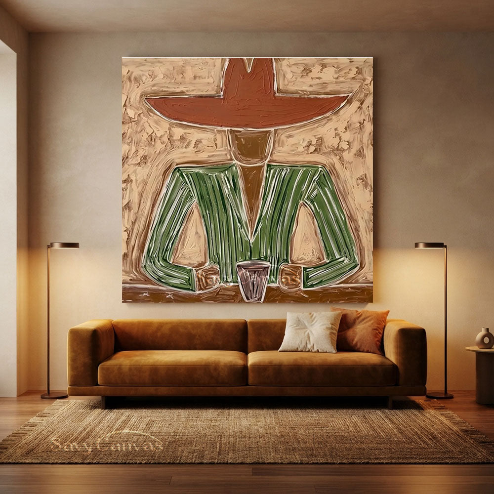 Handmade Modern Abstract Cowboy Portrait Brown Oil Painting #ZC 007