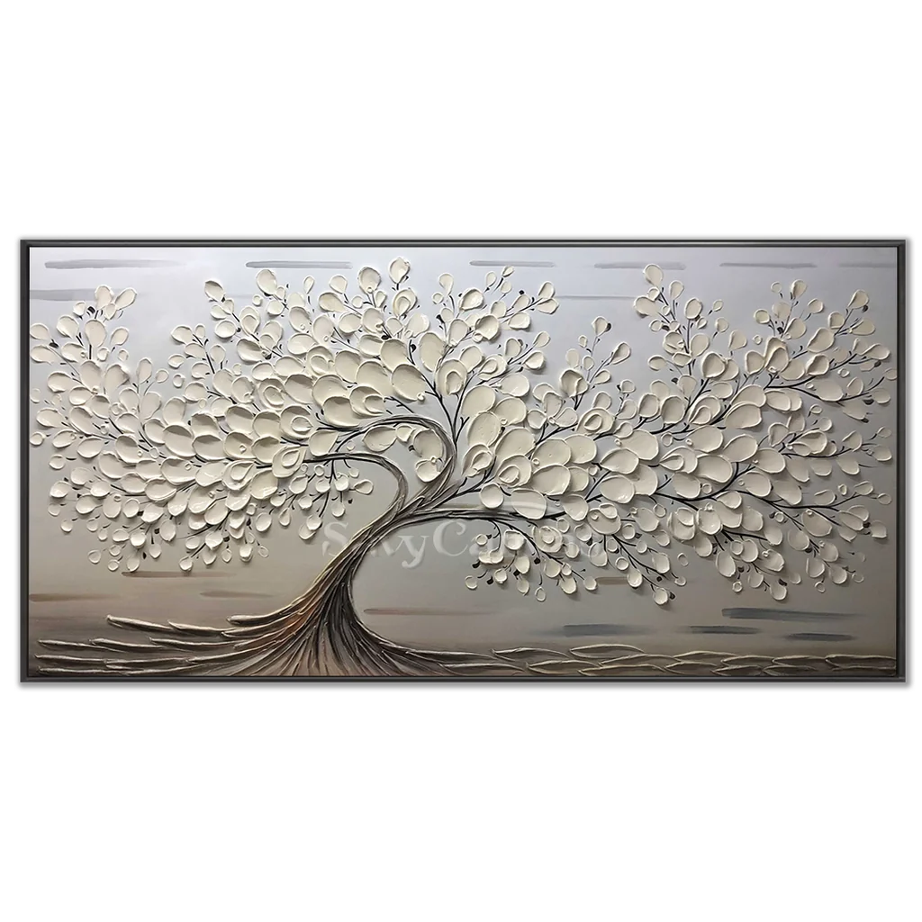 Oversized Abstract Tree Painting | Beige Textured Horizontal Wall Art Decor #ZZ 142