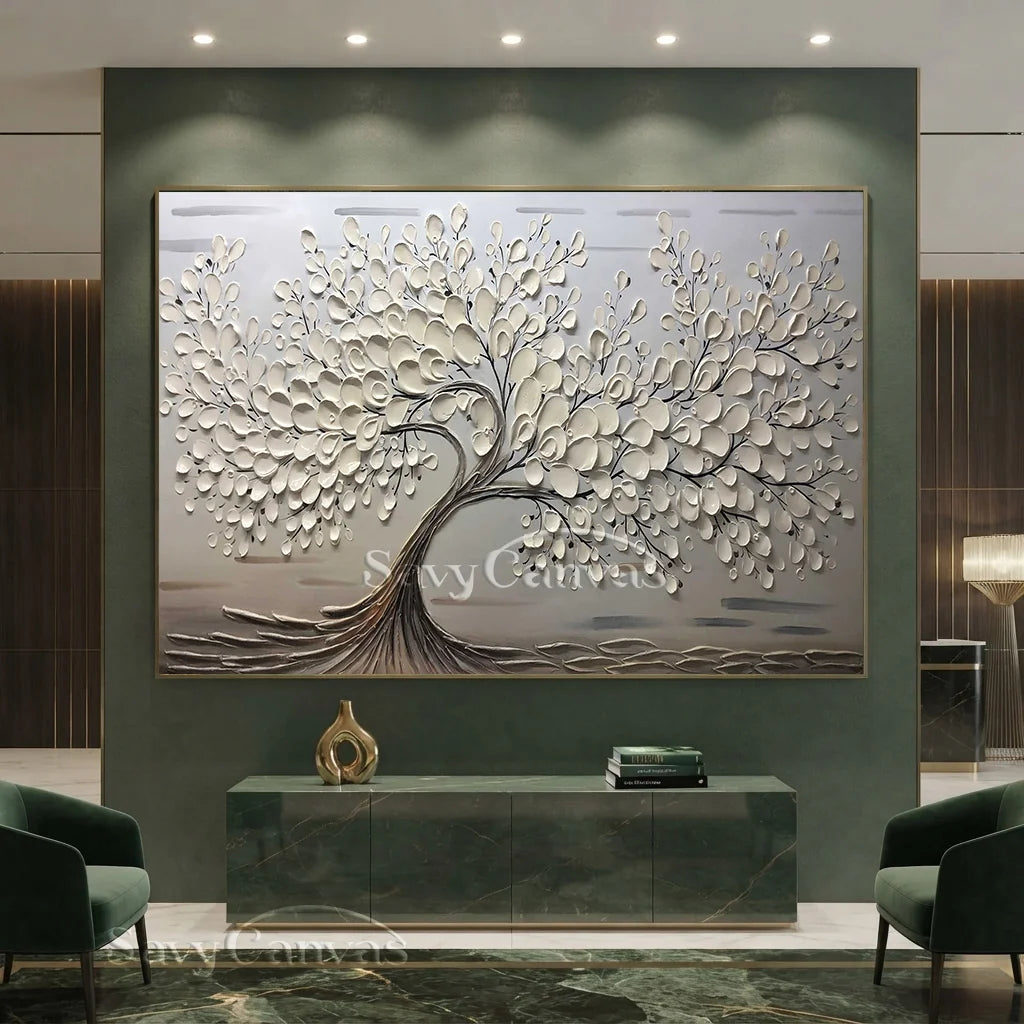 Oversized Abstract Tree Painting | Beige Textured Horizontal Wall Art Decor #ZZ 142