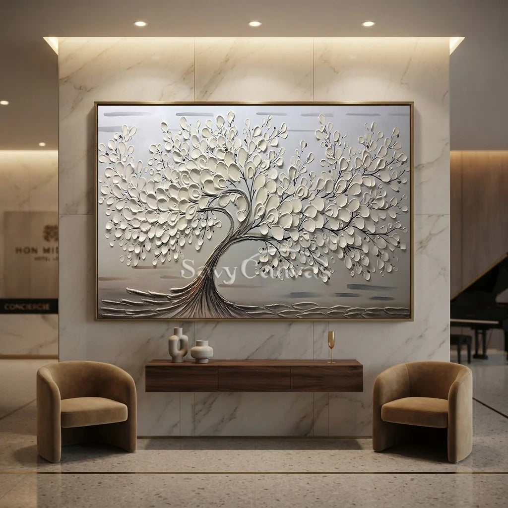 Oversized Abstract Tree Painting | Beige Textured Horizontal Wall Art Decor #ZZ 142