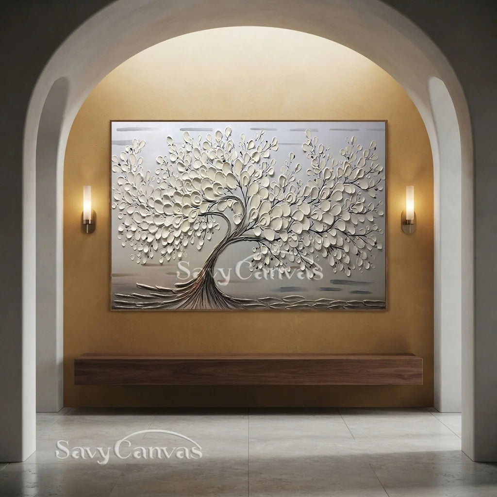 Oversized Abstract Tree Painting | Beige Textured Horizontal Wall Art Decor #ZZ 142