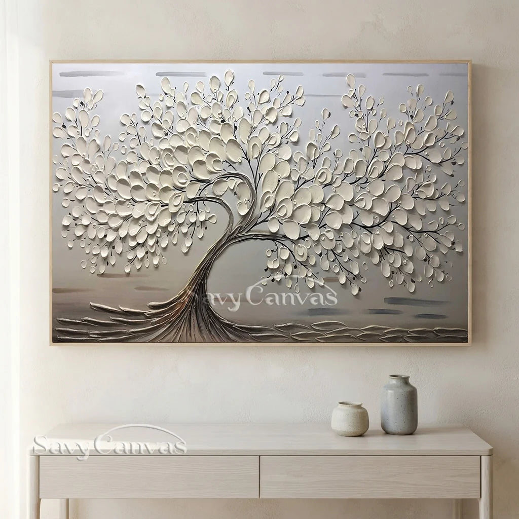 Oversized Abstract Tree Painting | Beige Textured Horizontal Wall Art Decor #ZZ 142