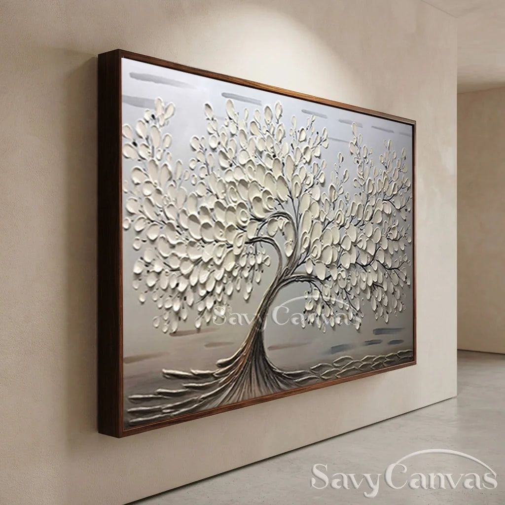 Oversized Abstract Tree Painting | Beige Textured Horizontal Wall Art Decor #ZZ 142