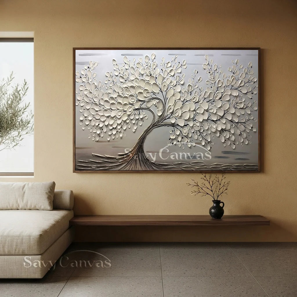 Oversized Abstract Tree Painting | Beige Textured Horizontal Wall Art Decor #ZZ 142