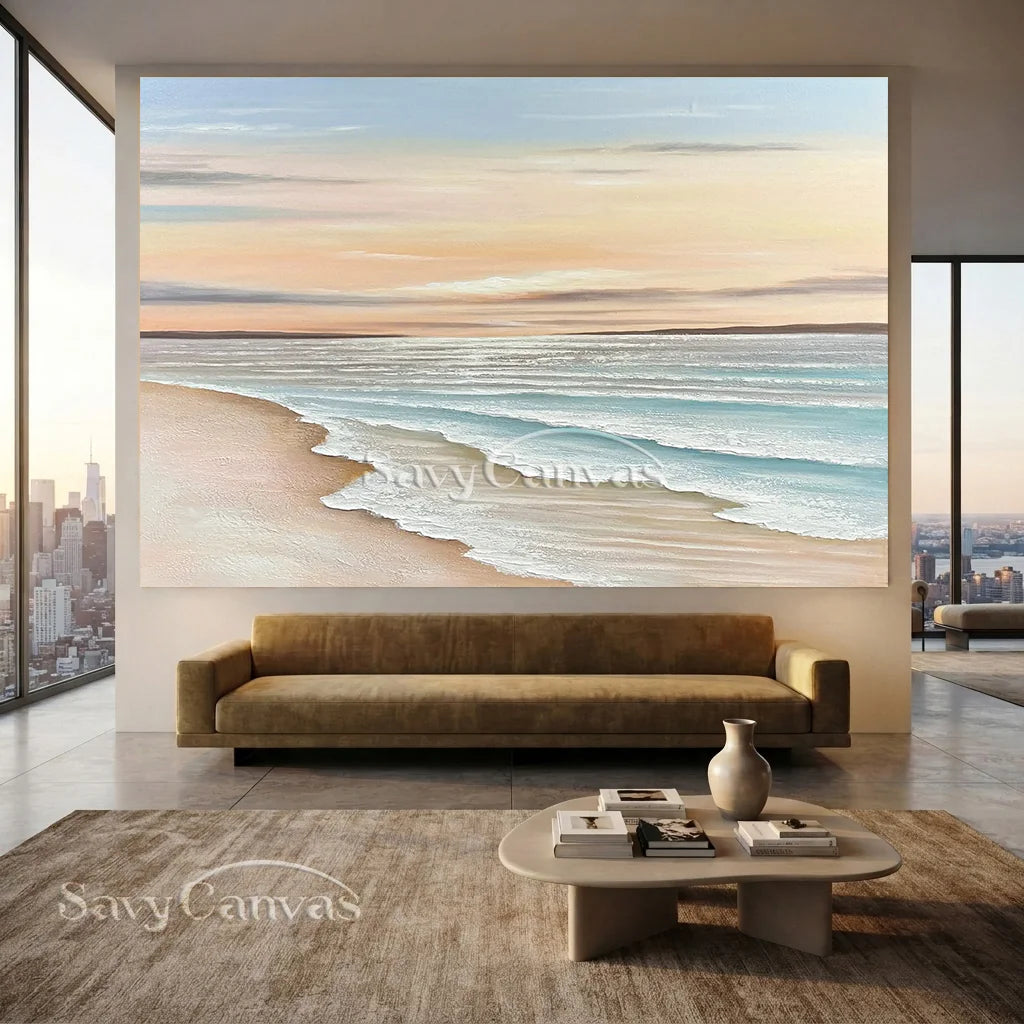 Oversized Coastal Artwork | Modern Beach Painting Above Couch #ZZ 057