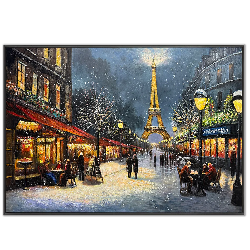 Paris Winter Night Snow Painting, Modern Romantic City #TB 081