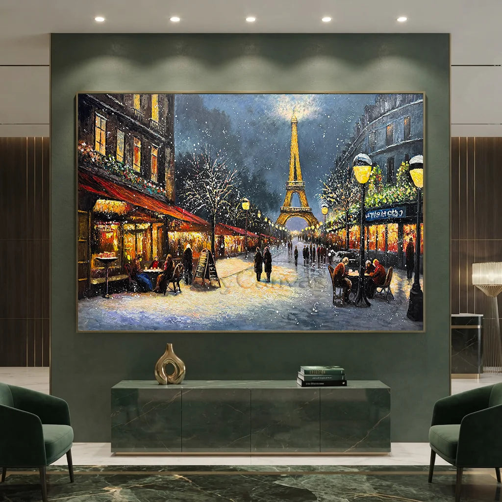 Paris Winter Night Snow Painting, Modern Romantic City #TB 081