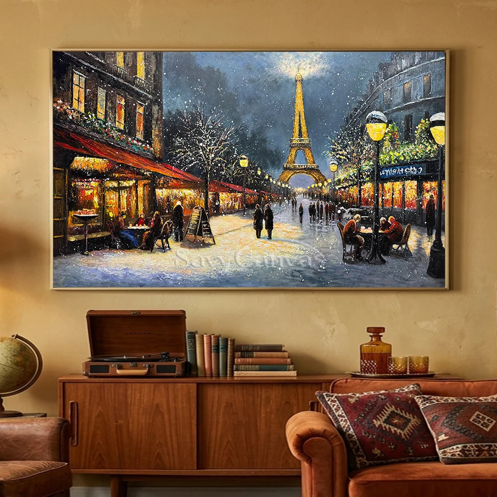 Paris Winter Night Snow Painting, Modern Romantic City #TB 081