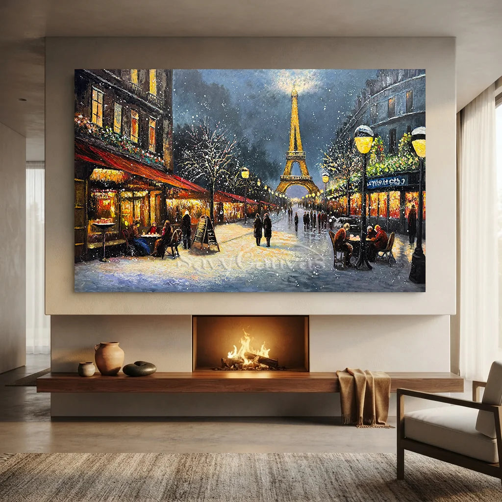 Paris Winter Night Snow Painting, Modern Romantic City #TB 081