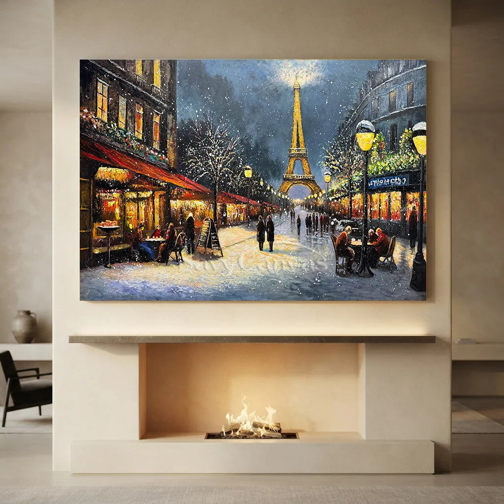 Paris Winter Night Snow Painting, Modern Romantic City #TB 081