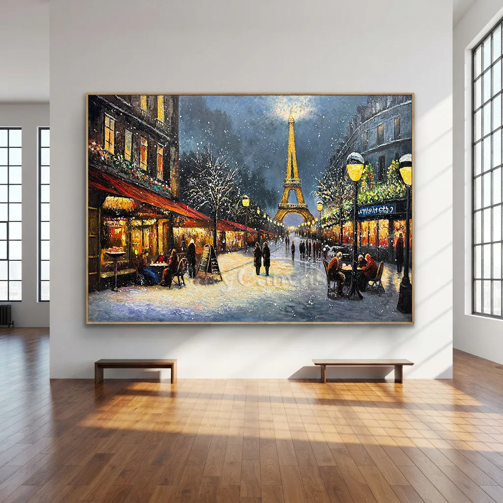 Paris Winter Night Snow Painting, Modern Romantic City #TB 081