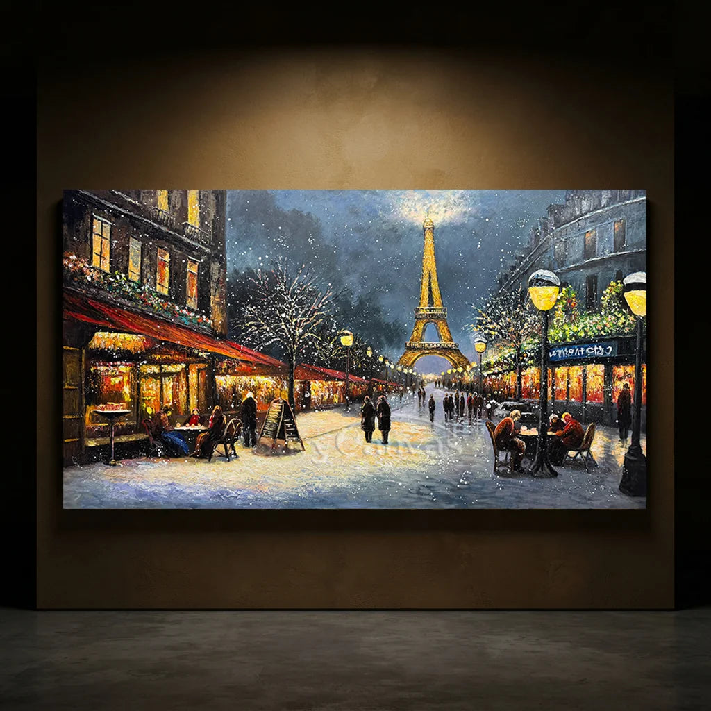 Paris Winter Night Snow Painting, Modern Romantic City #TB 081