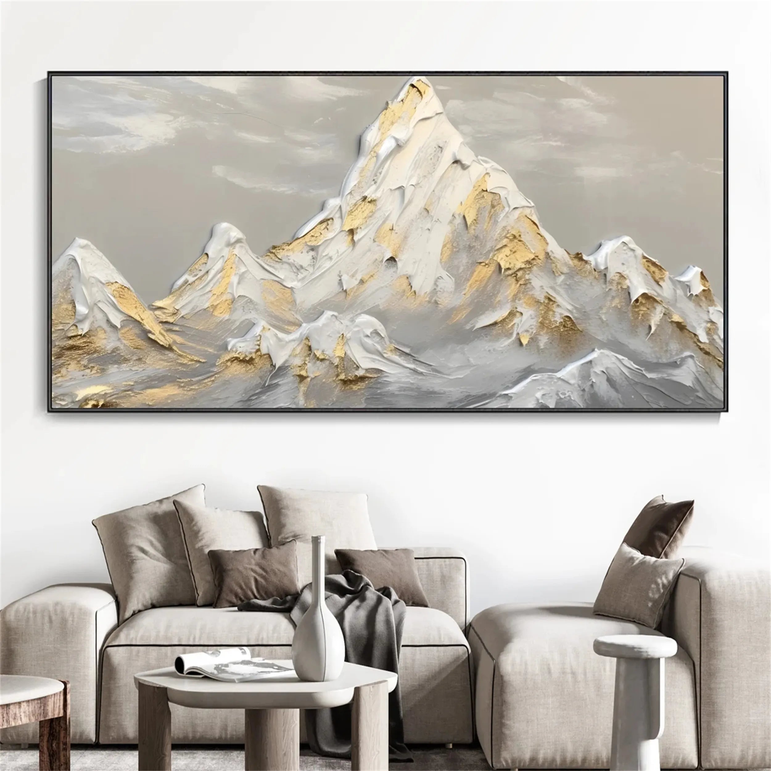 Gold Leaf & White Mountain Art / Modern Abstract Painting with Gold Accents