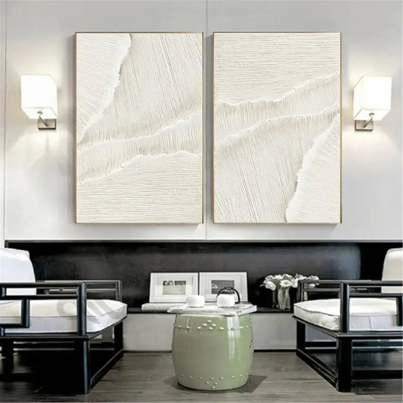 White Linear Textured Art Set | Modern Minimalist Diptych Paintings