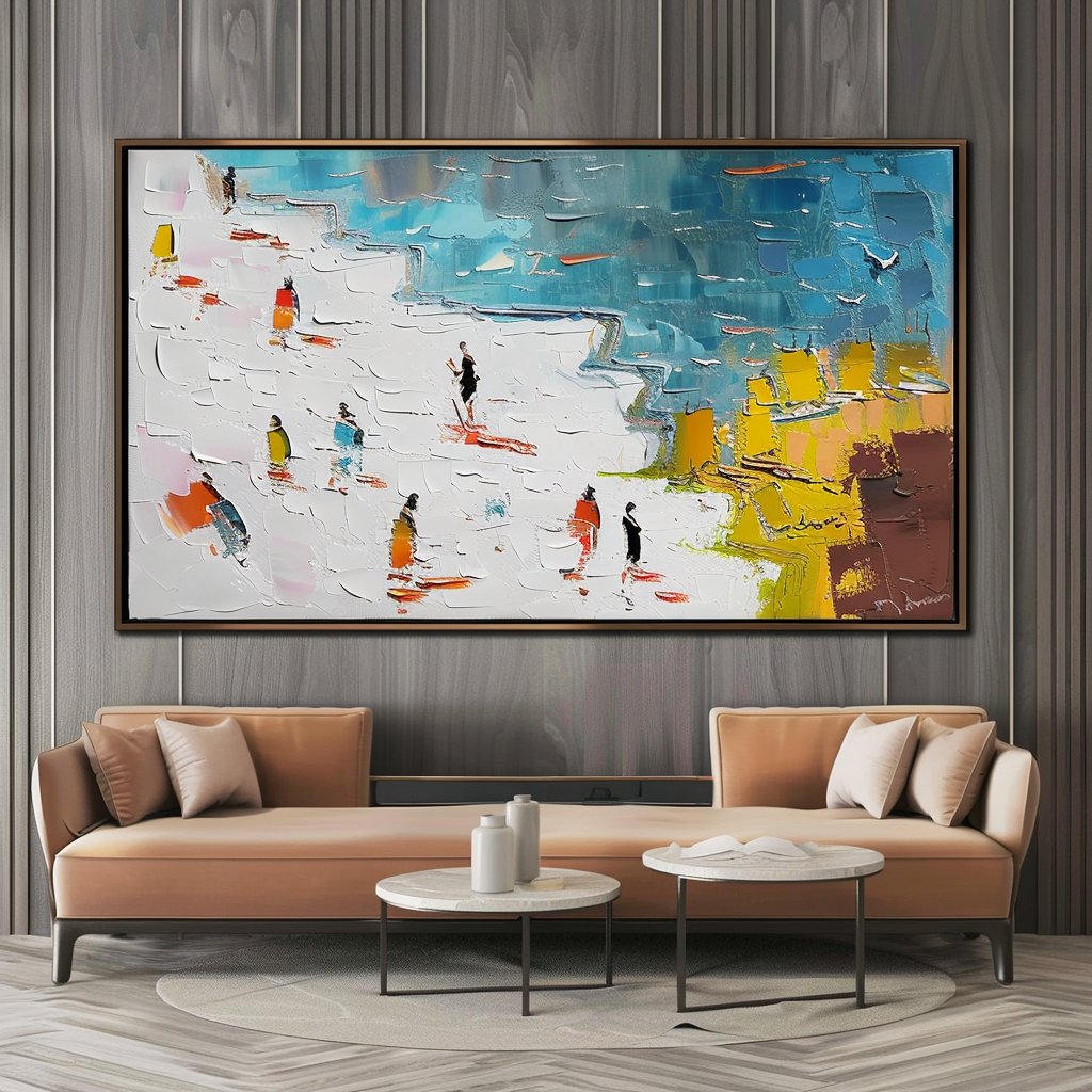 Panoramic Beach Scene Canvas Wall Art | Colorful Crowd by the Sea #AA 449