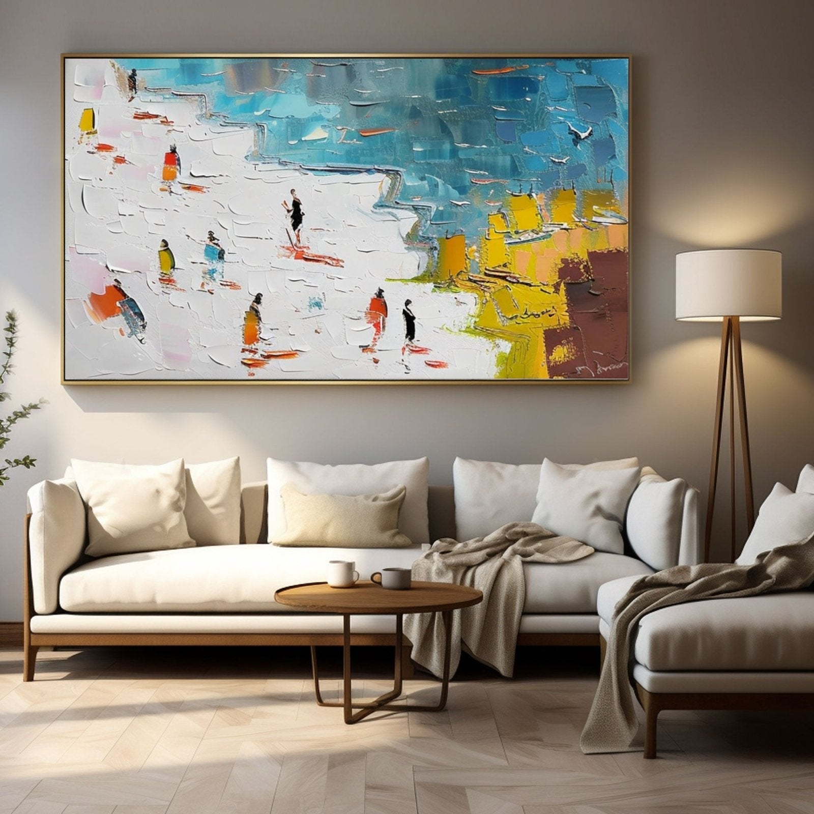 Panoramic Beach Scene Canvas Wall Art | Colorful Crowd by the Sea #AA 449