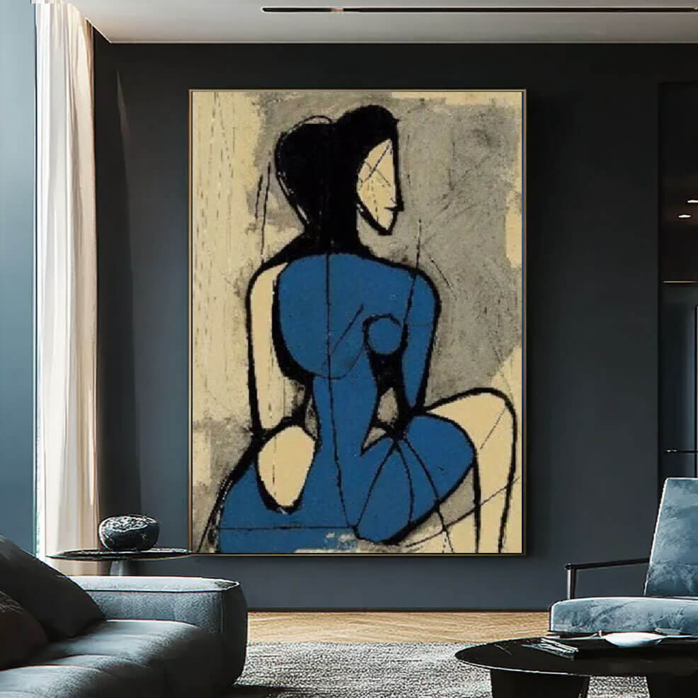 Cubist Style Woman Painting | Abstract Blue Figurative Art