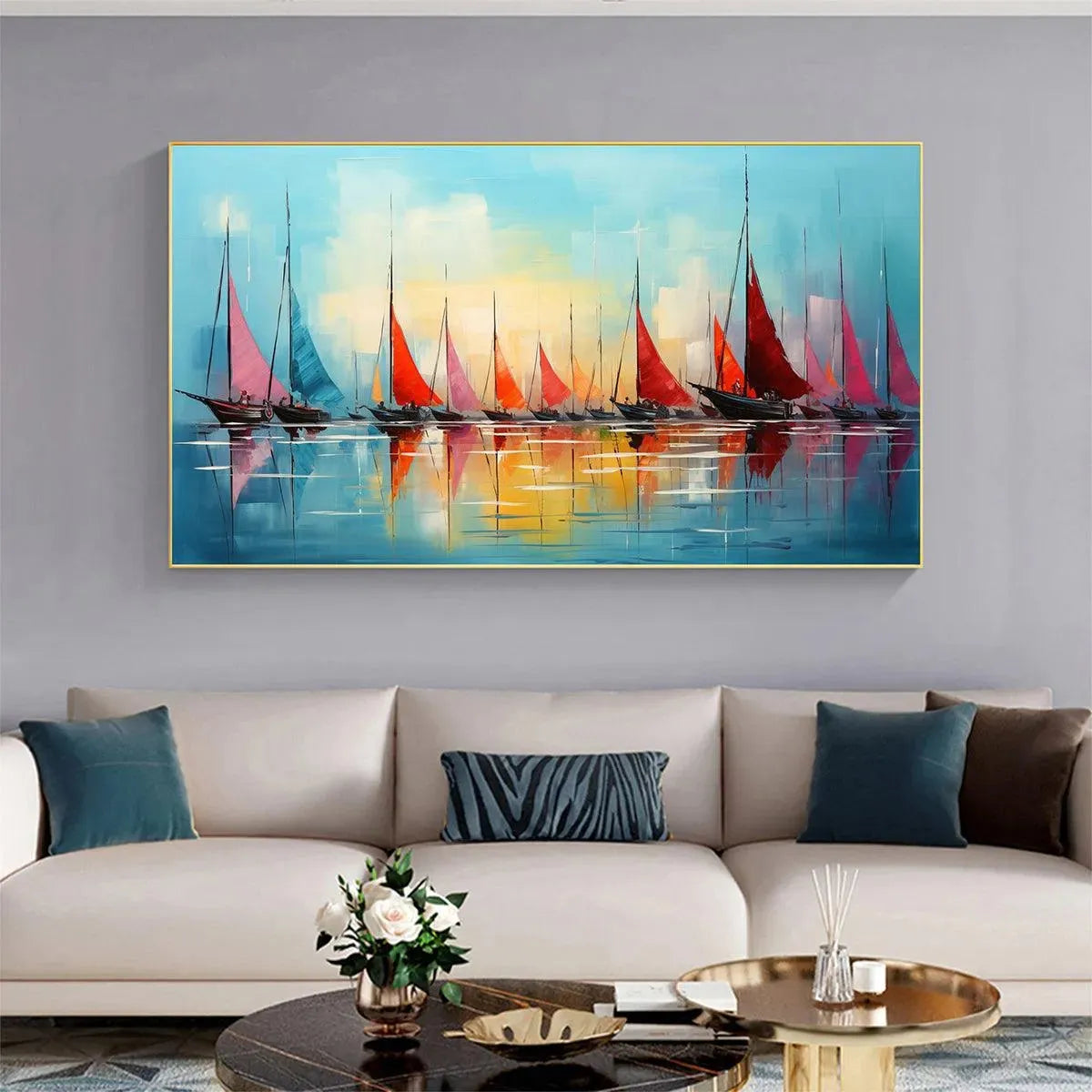 Serene Sailboat Fleet Painting | Calming Ocean Sunset Art