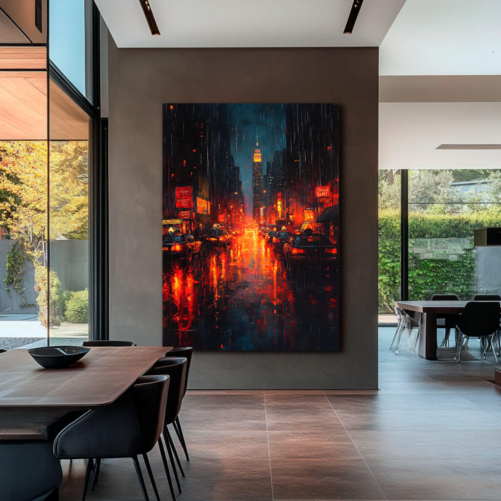 Rainy New York City Night Canvas Art | Vertical Urban Landscape #AA 345