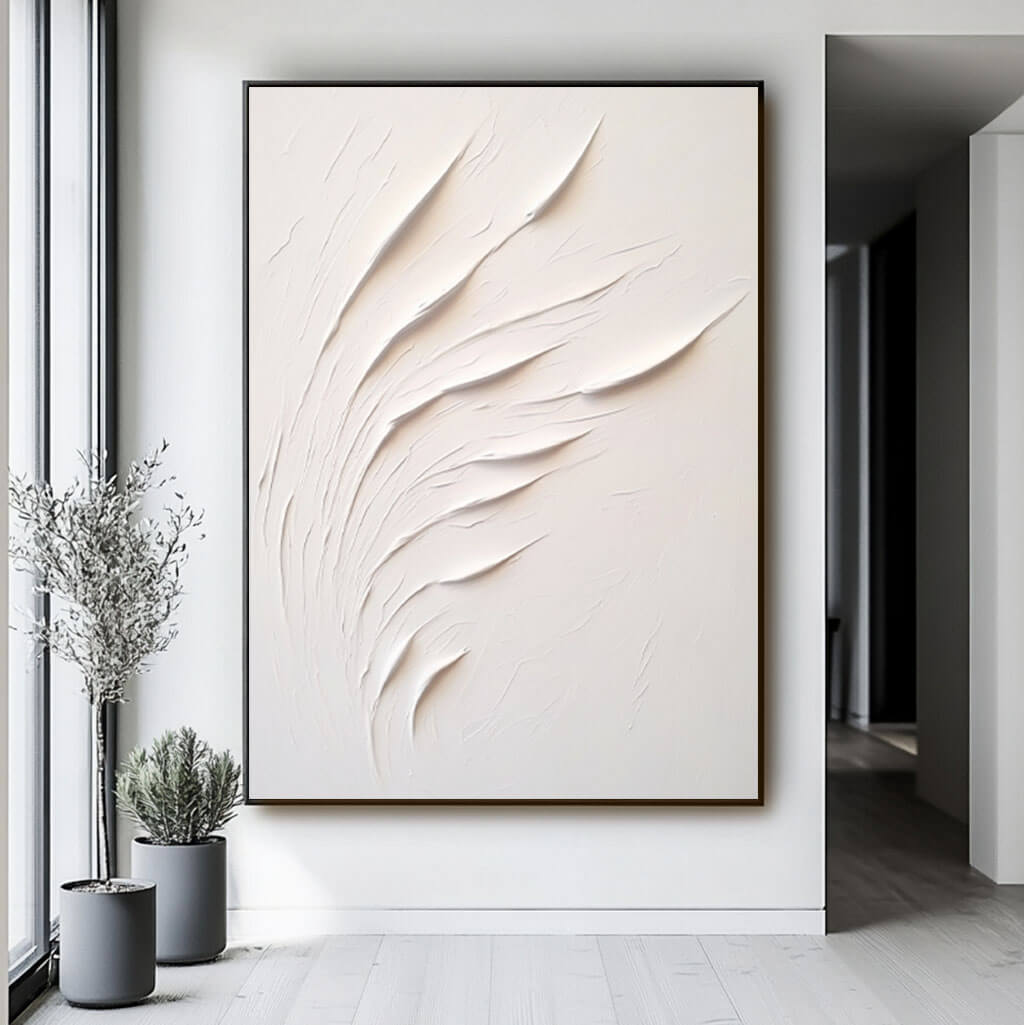 Minimalist White Reeds Textured Canvas Art | Modern Relief Painting #JJ 435