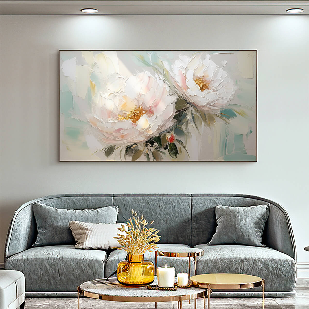 White and Gold Peony Painting | Luxury 3D Floral Wall Art