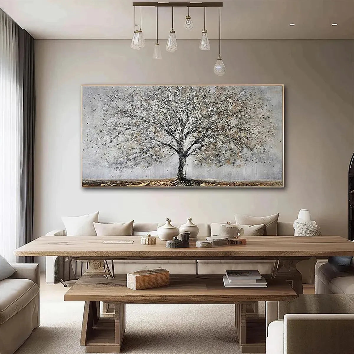 Silver and Grey Tree Canvas Wall Art | Neutral Panoramic Print #AA 394