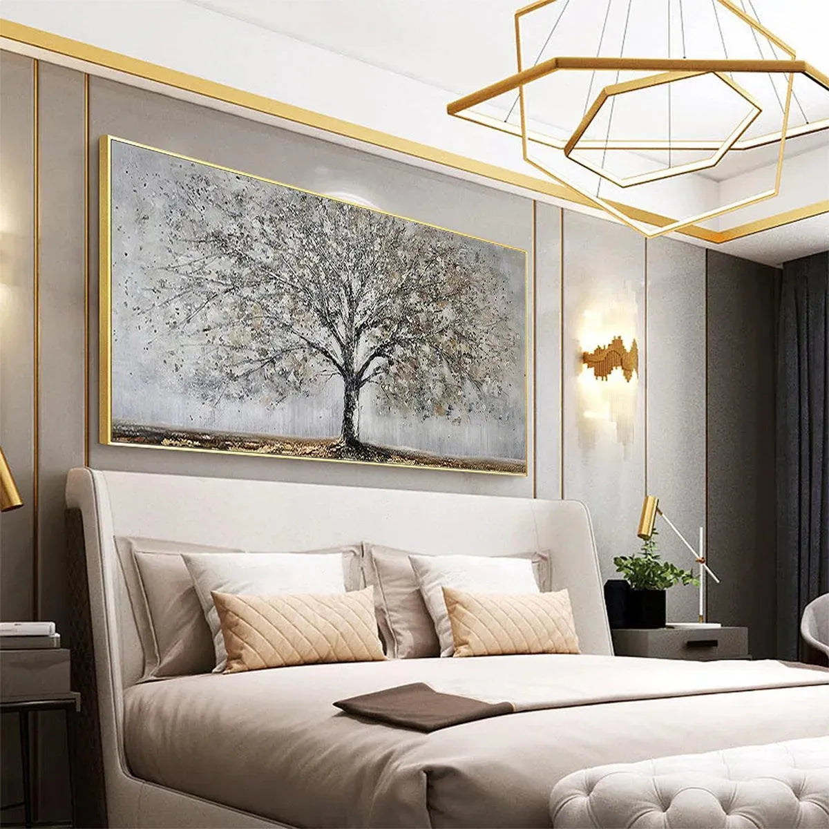 Silver and Grey Tree Canvas Wall Art | Neutral Panoramic Print #AA 394