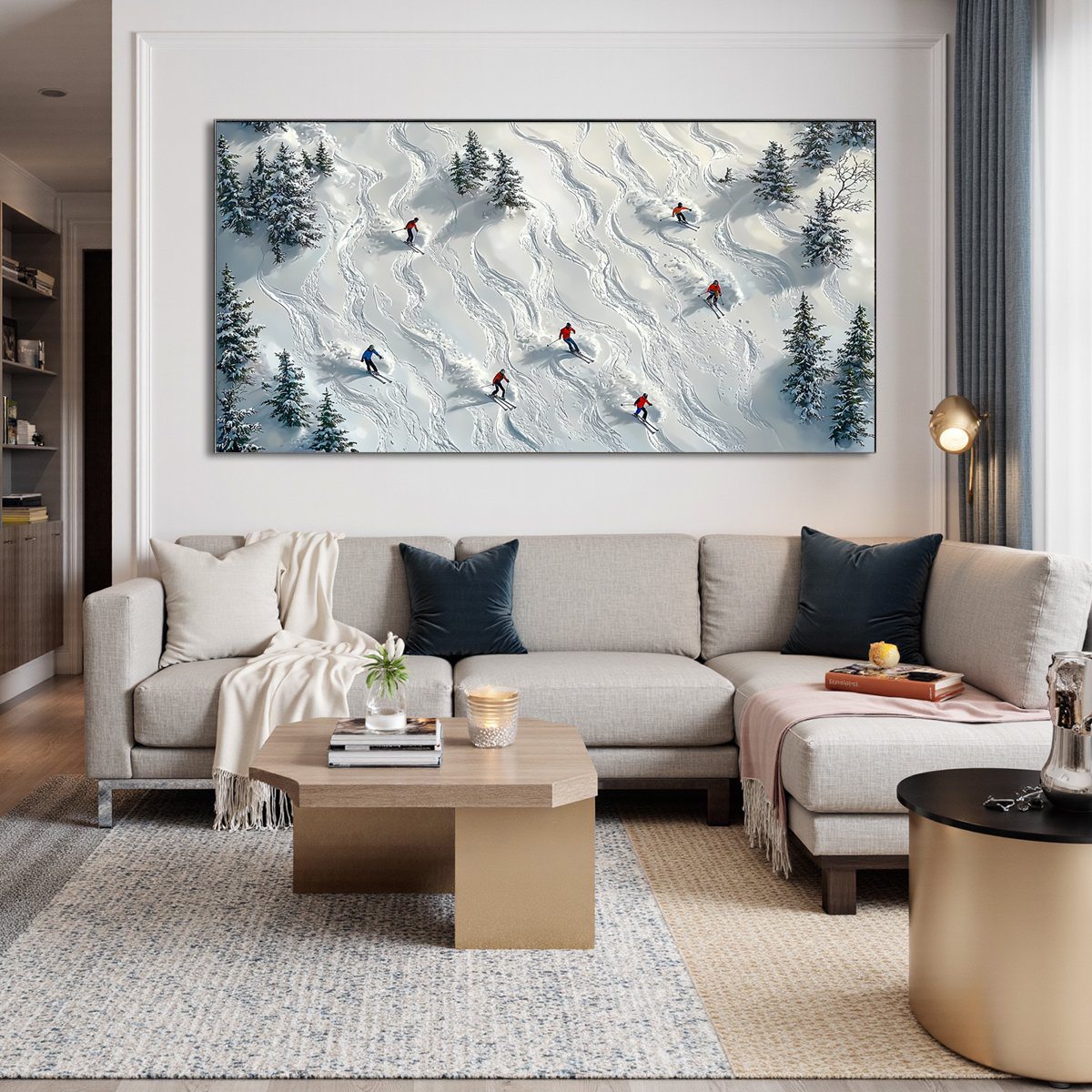Aerial View Ski Slope Painting | Large Winter Landscape