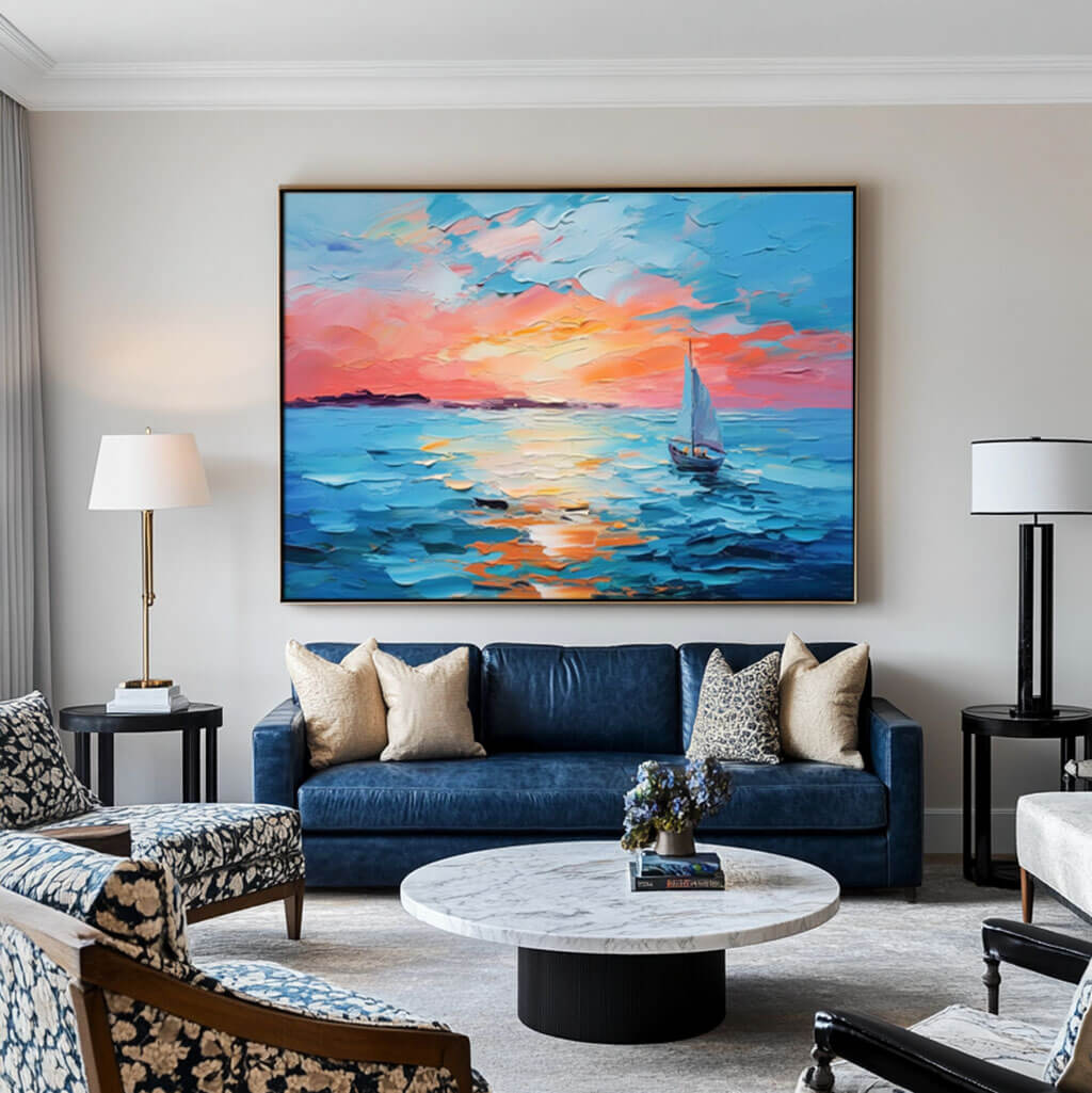 Vibrant Sunset Seascape | Colorful Sailboat Painting #AA 066