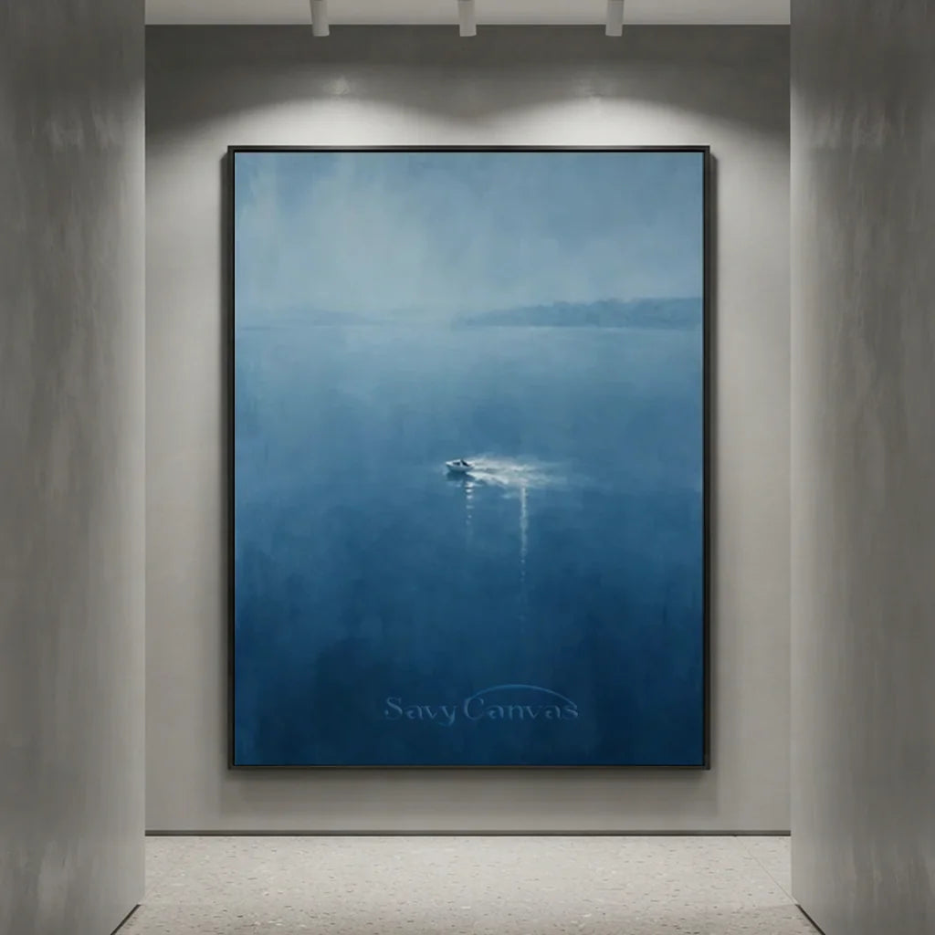 Handmade Blue Seascape Boat Oil Painting on Canvas # ZC 58