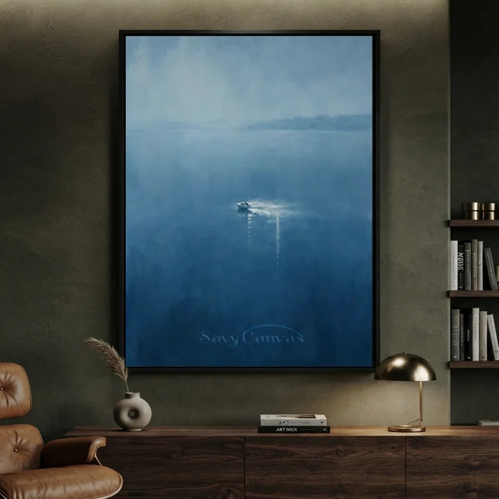 Handmade Blue Seascape Boat Oil Painting on Canvas # ZC 58