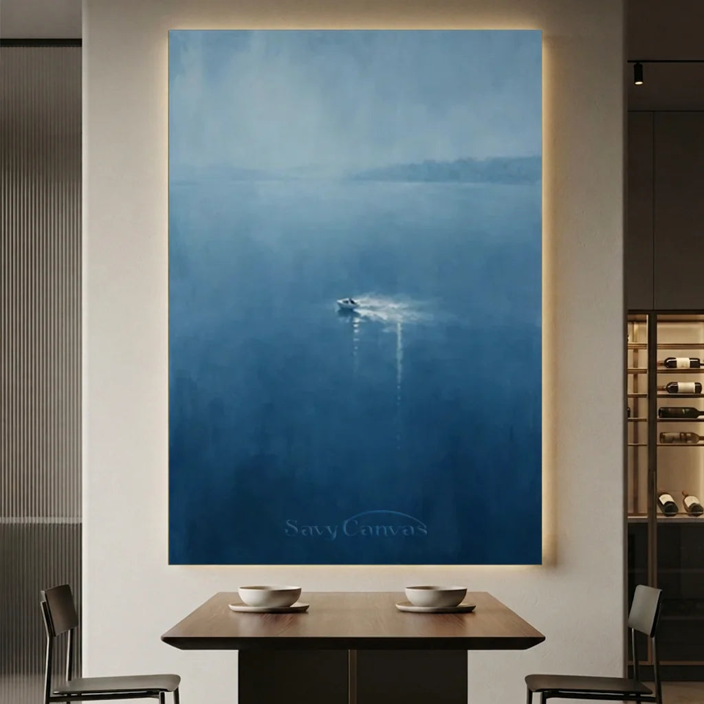 Handmade Blue Seascape Boat Oil Painting on Canvas # ZC 58