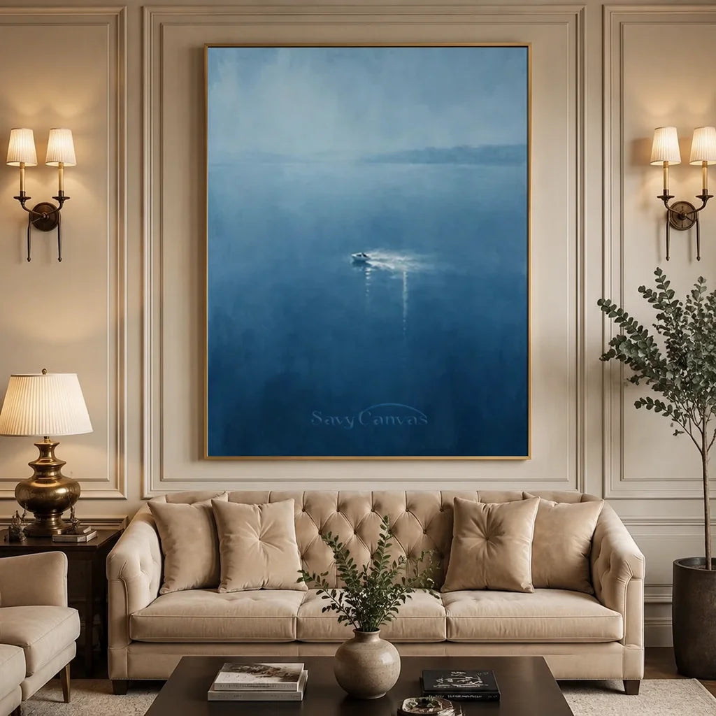 Handmade Blue Seascape Boat Oil Painting on Canvas # ZC 58