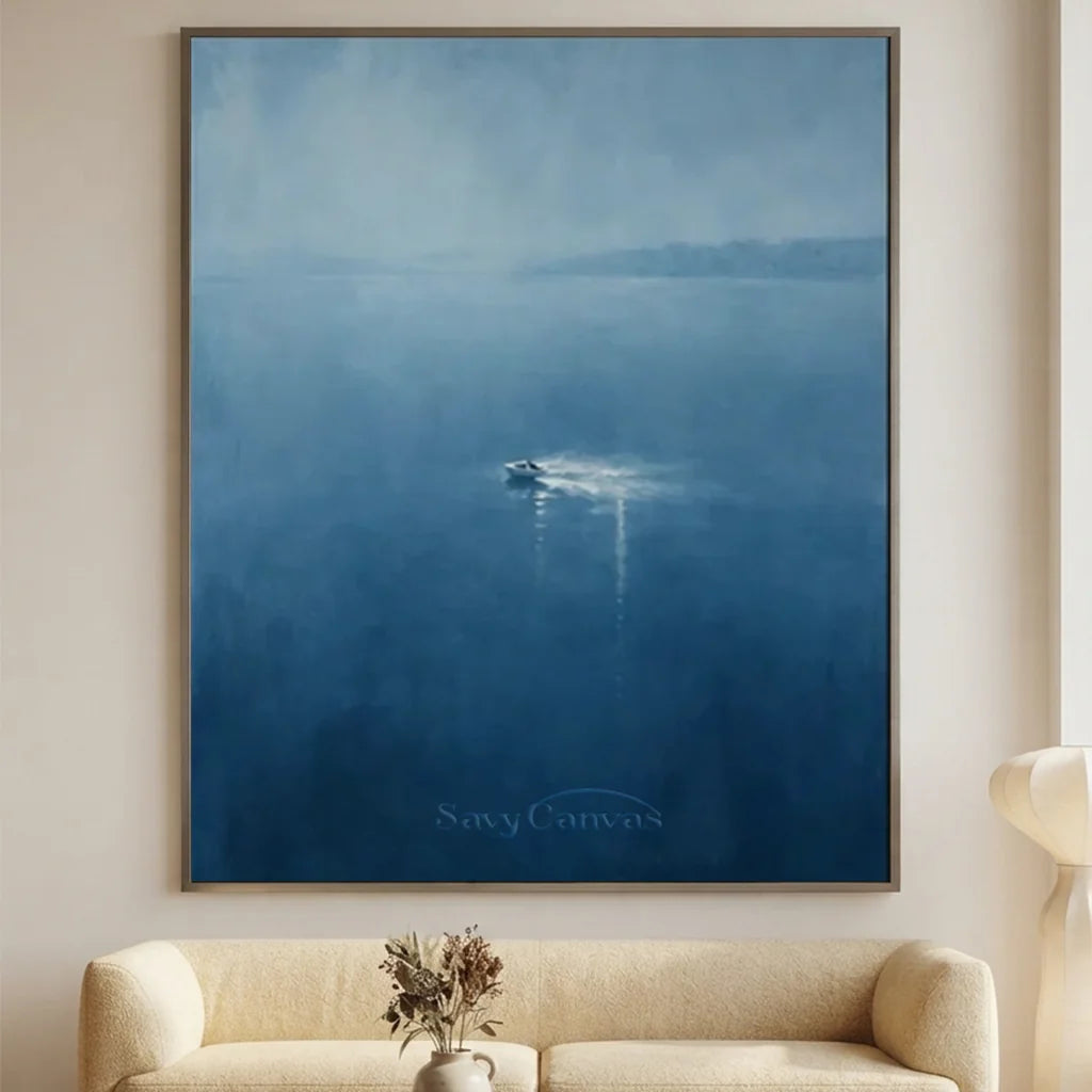 Handmade Blue Seascape Boat Oil Painting on Canvas # ZC 58