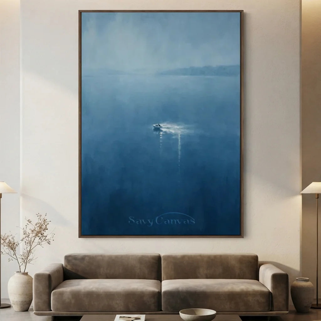 Handmade Blue Seascape Boat Oil Painting on Canvas # ZC 58