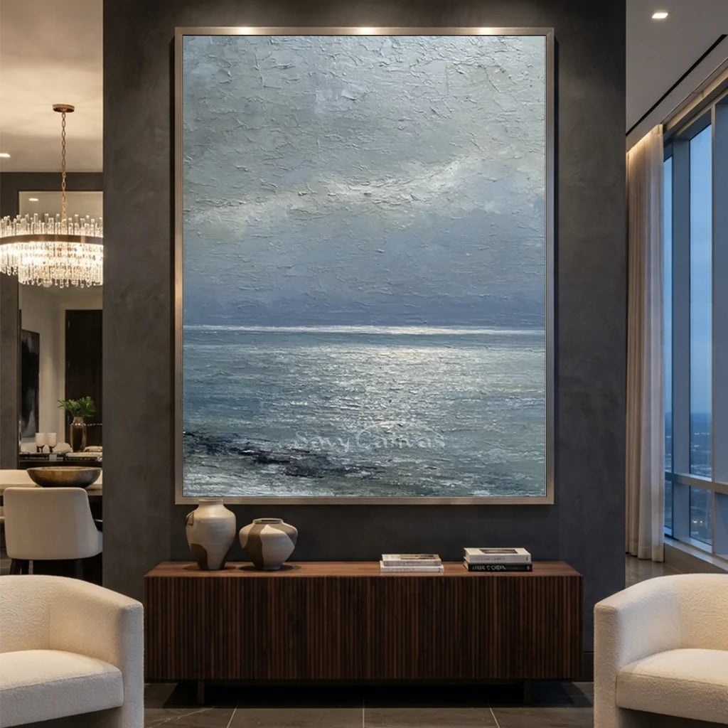 Handmade Grey Seascape Impressionist Oil Painting on Canvas #ZC 60